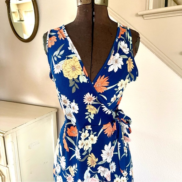 Jessica Simpson Blue Floral Maxi Dress Size XL Ribbed Faux Wrap Sleeveless - Picture 2 of 9